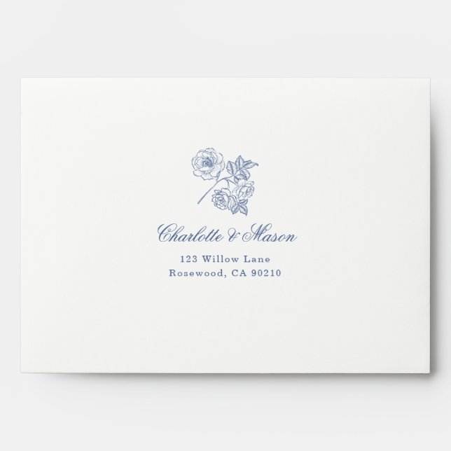 Dusty Blue Botanical Floral Liner Wedding Envelope (Front)