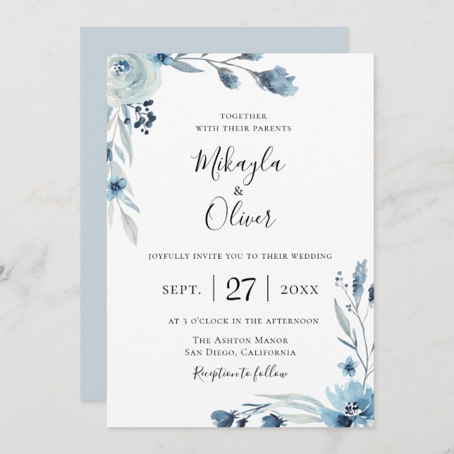 Dusty Blue Botanical Floral Wedding Invitation (Front/Back)