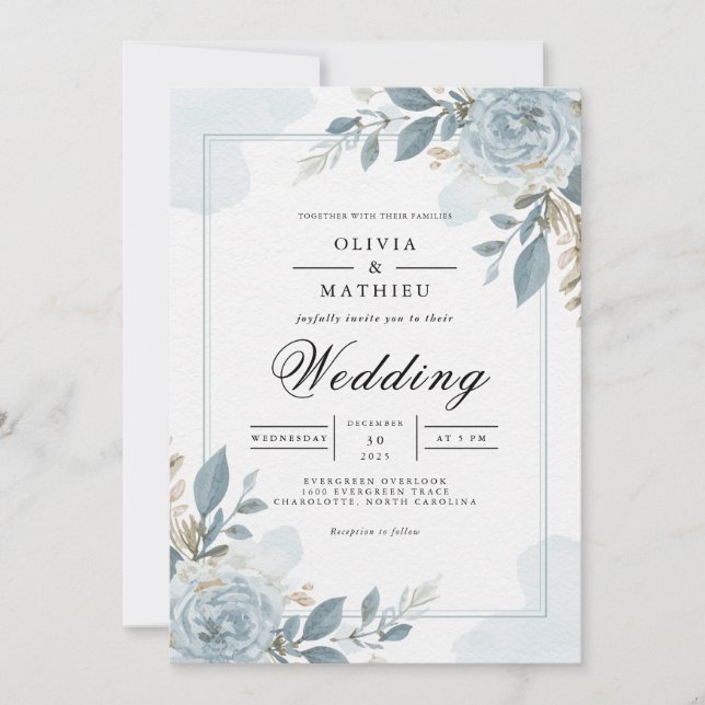 Dusty Blue Botanical Floral Wedding Invitation (Front)