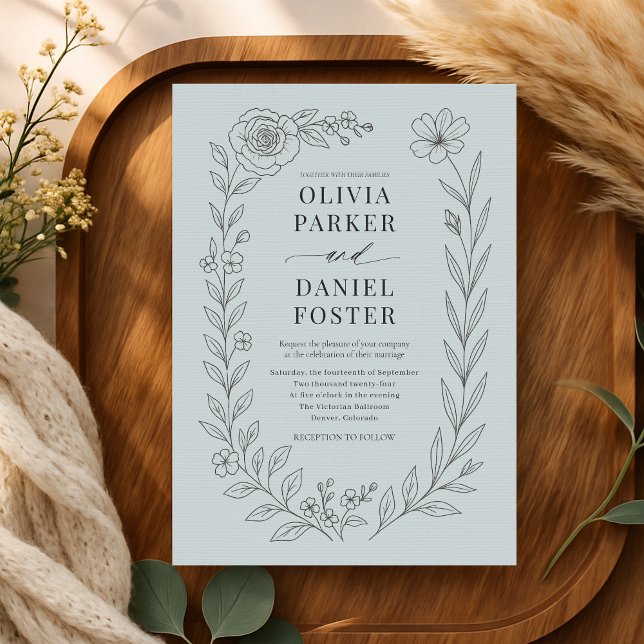 Dusty Blue Botanical Floral Wedding Invitation (Creator Uploaded)