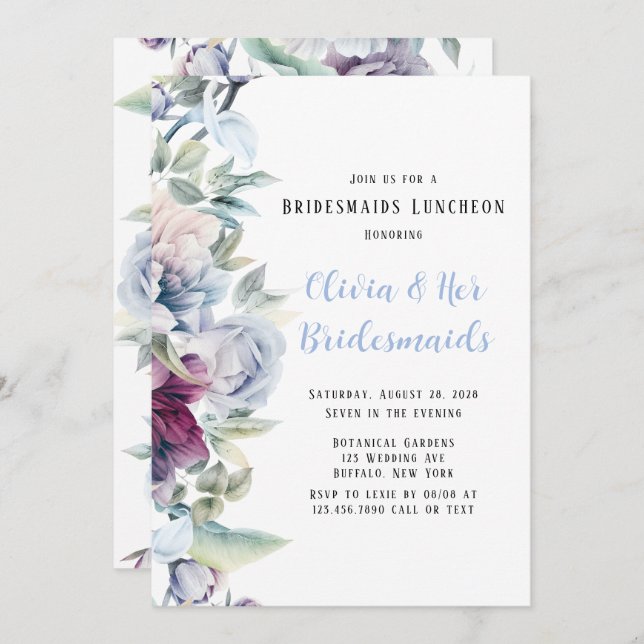 Dusty Blue Botanical Florals Bridesmaids Luncheon  Invitation (Front/Back)