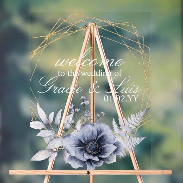 Dusty Blue Botanical Florals Gold Wedding Acrylic Sign (Neutral)