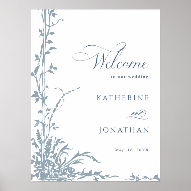 Dusty Blue Botanical Garden Wedding Welcome  Poster (Front)