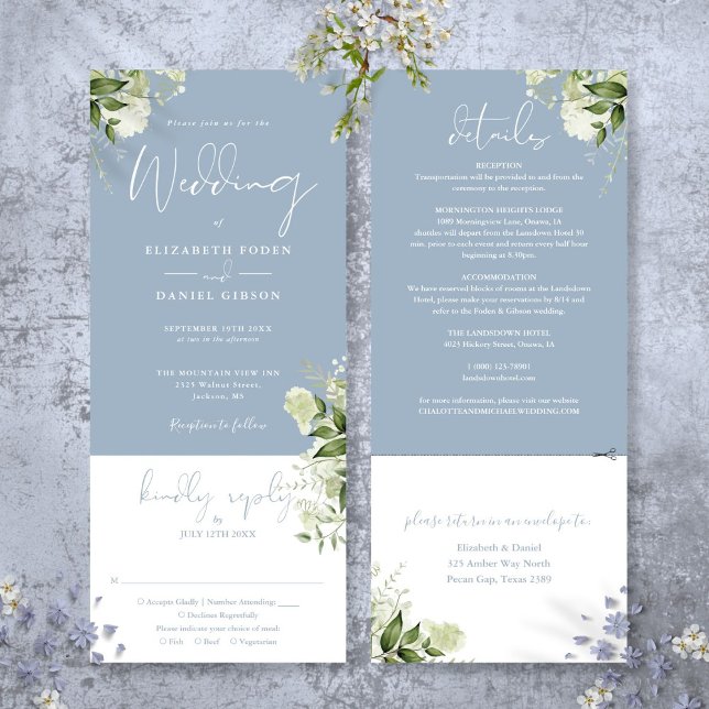 Dusty Blue Botanical Greenery All In One Wedding Invitation (Dusty Blue Botanical Greenery All In One Wedding Invitation)