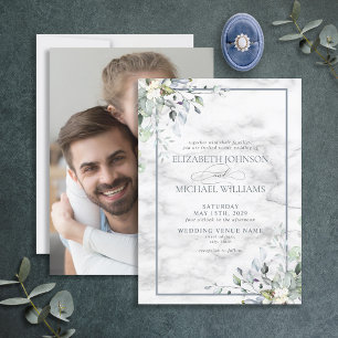 Dusty Blue Botanical Greenery Marble Photo Wedding Invitation