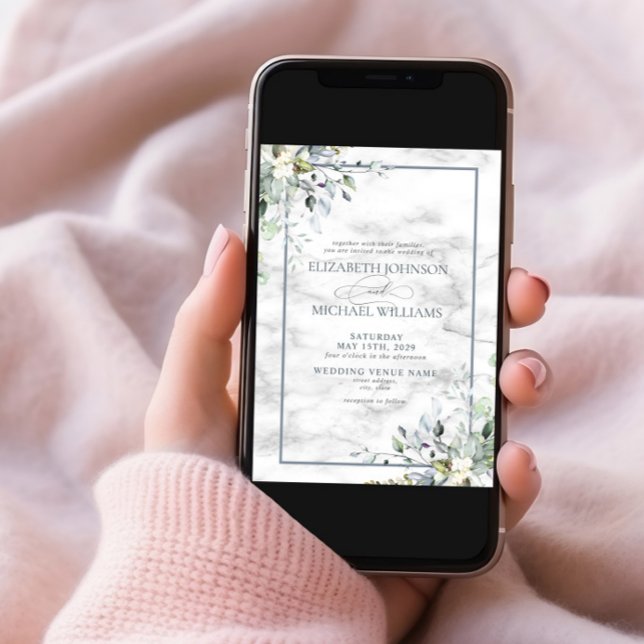 Dusty Blue Botanical Greenery Marble Photo Wedding Invitation (Creator Uploaded)