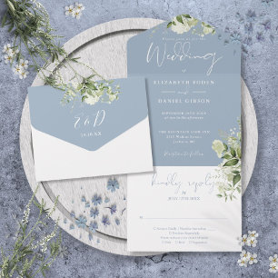 Dusty Blue Botanical Greenery Monogram Wedding All In One Invitation