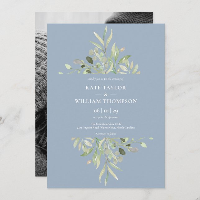 Dusty Blue Botanical Greenery Photo Wedding Invita Invitation (Front/Back)