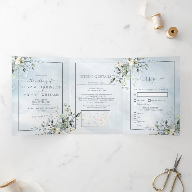 Dusty Blue Botanical Greenery Watercolor Script Tri-Fold Invitation (Inside)