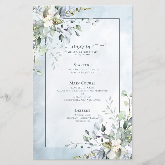 Dusty Blue Botanical Greenery Watercolor Wedding (Front)