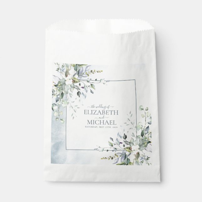 Dusty Blue Botanical Greenery Watercolor Wedding Favour Bag (Front)