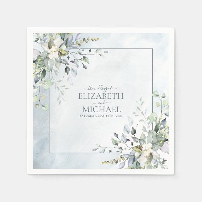 Dusty Blue Botanical Greenery Watercolor Wedding Napkin (Front)