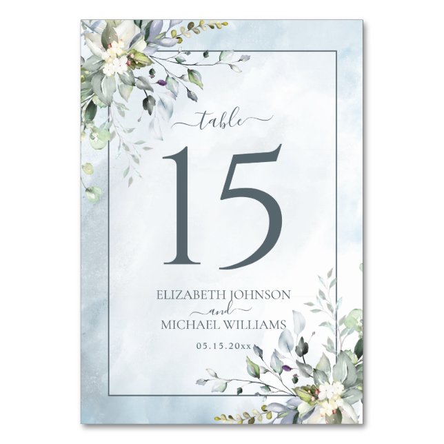 Dusty Blue Botanical Greenery Watercolor Wedding Table Number (Front)