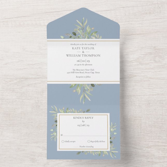 Dusty Blue Botanical Greenery Wedding All In One Invitation (Inside)