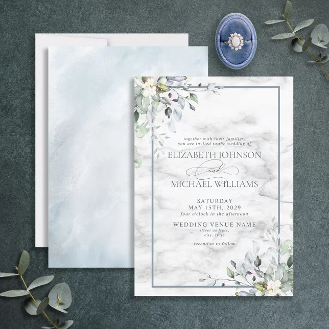 Dusty Blue Botanical Greenery White Marble Wedding Invitation | Zazzle