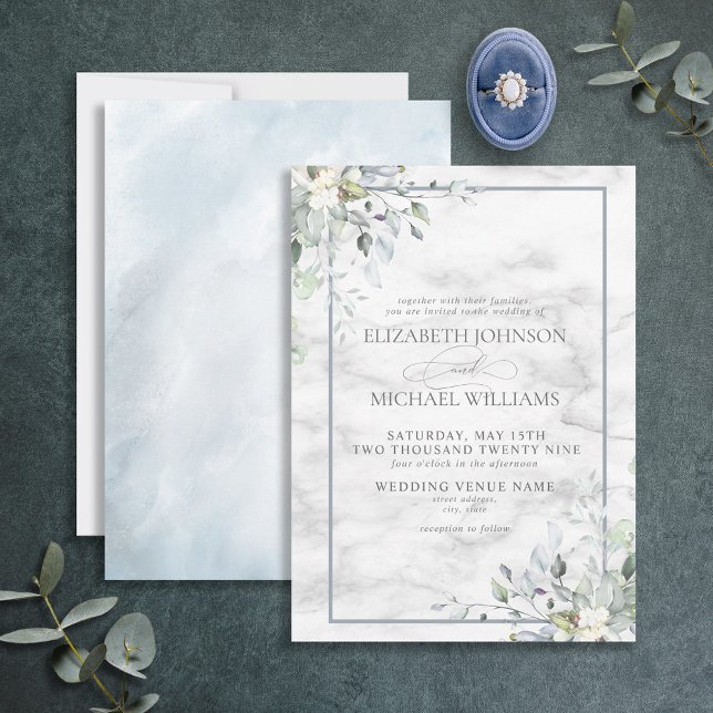 Dusty Blue Botanical Greenery White Marble Wedding Invitation (Creator Uploaded)