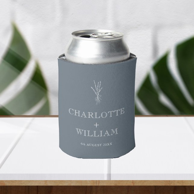 Dusty Blue Botanical Modern Minimal Wedding Favour Can Cooler (Creator Uploaded)