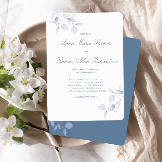 Dusty Blue Botanical Modern Script Wedding Invite (Dusty blue botanical wedding invitation with modern script and soft floral accents)