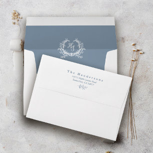 Dusty Blue Botanical Monogram Crest Wedding Envelope