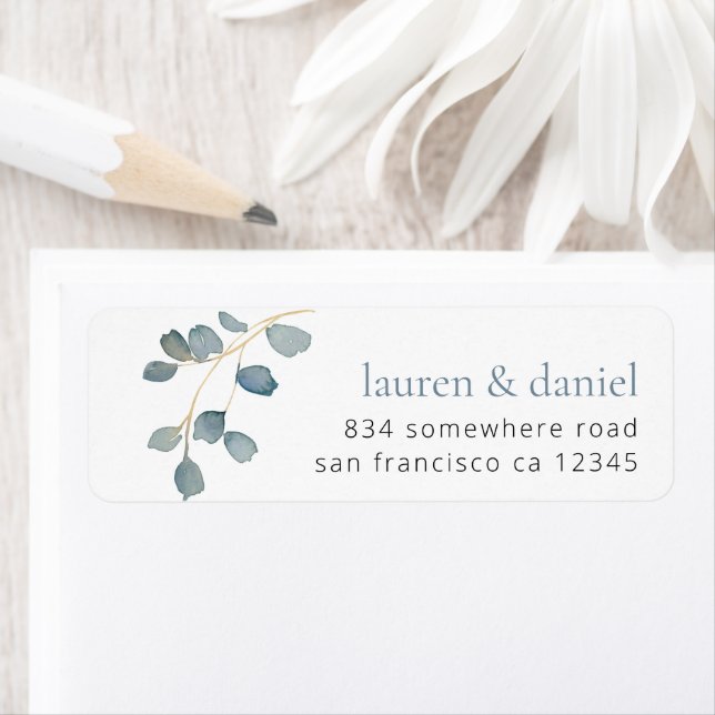 Dusty Blue Botanical Names Return Address Wedding Label (Insitu)