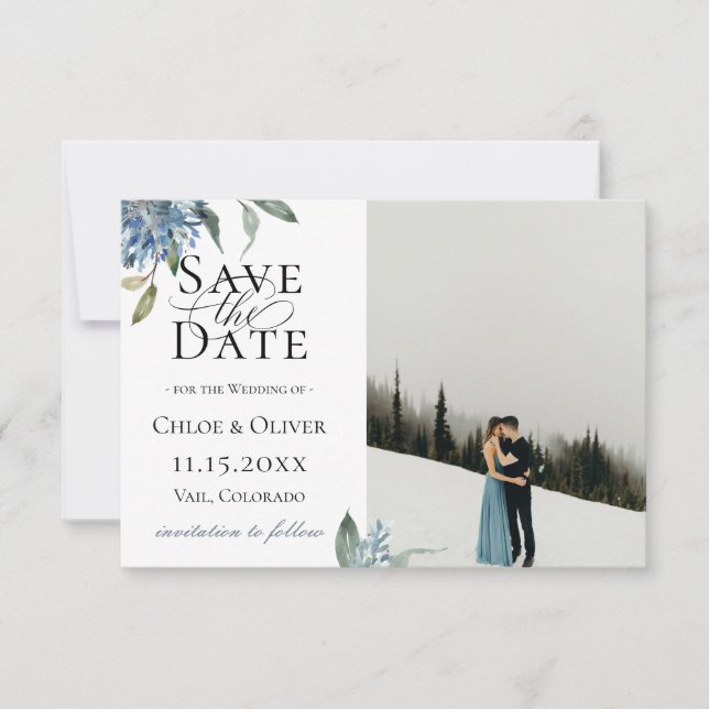 Dusty Blue Botanical Photo Save The Date Announcement (Front)