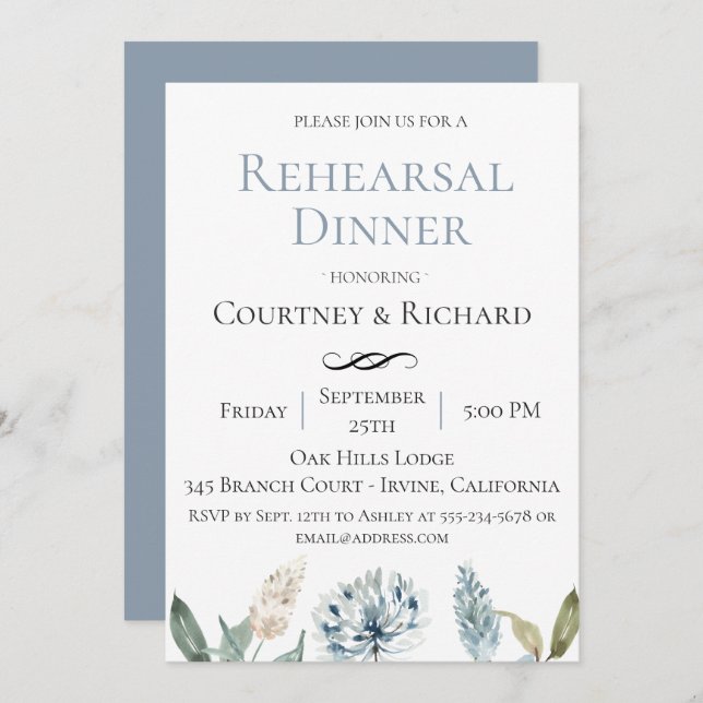 Dusty Blue Botanical Rehearsal Dinner Invitation (Front/Back)