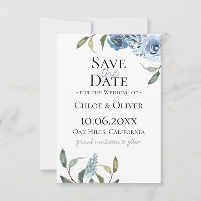 Dusty Blue Botanical Save The Date Announcement (Front)