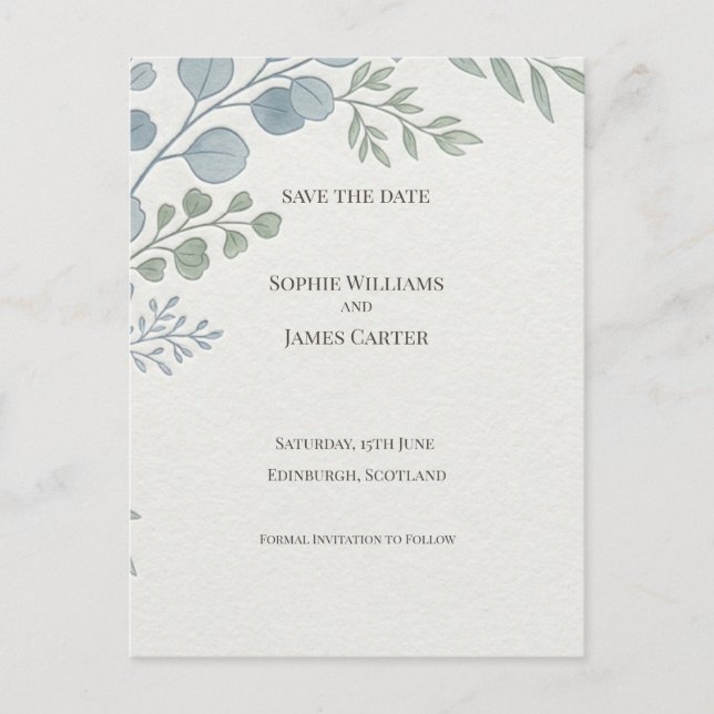 Dusty Blue Botanical Save The Date Postcard (Front)