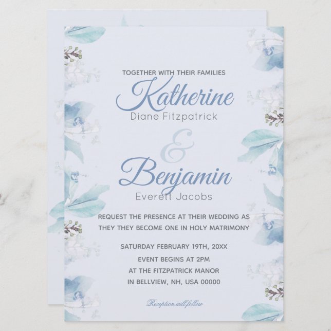 Dusty Blue Botanical Watercolor Wedding Invitation (Front/Back)