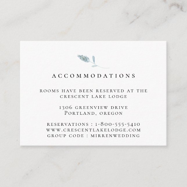 Dusty Blue Botanical Wedding Accommodations Enclosure Card (Front)