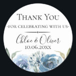 Dusty Blue Botanical Wedding Favour Classic Round Sticker<br><div class="desc">Chic dusty blue watercolor flowers and botanical branches,  personalised wedding favour sticker. Designed to match our Dusty Blue Botanical Collection. Customise text font style,  colour and size.</div>
