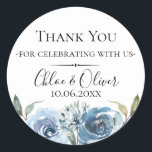 Dusty Blue Botanical Wedding Favour Classic Round Sticker<br><div class="desc">Chic dusty blue watercolor flowers and botanical branches,  personalised wedding favour sticker. Designed to match our Dusty Blue Botanical Collection. Customise text font style,  colour and size.</div>