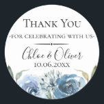 Dusty Blue Botanical Wedding Favour Classic Round Sticker<br><div class="desc">Chic dusty blue watercolor flowers and botanical branches,  personalised wedding favour sticker. Designed to match our Dusty Blue Botanical Collection. Customise text font style,  colour and size.</div>
