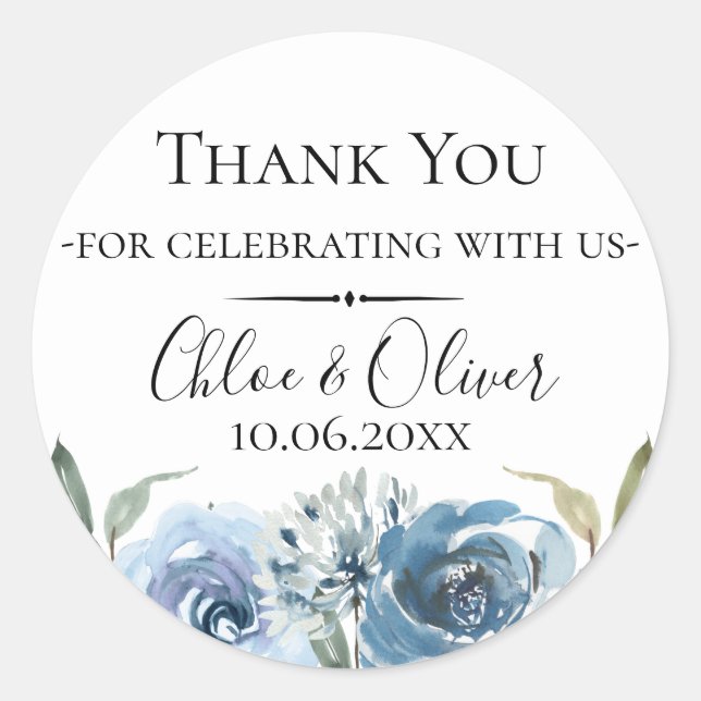 Dusty Blue Botanical Wedding Favour Classic Round Sticker (Front)