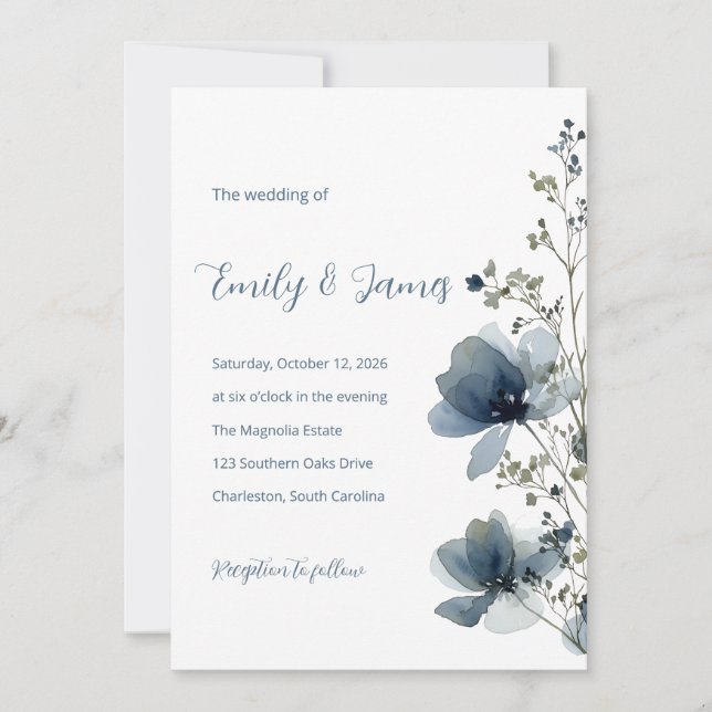Dusty Blue Botanical Wedding Invitation (Front)