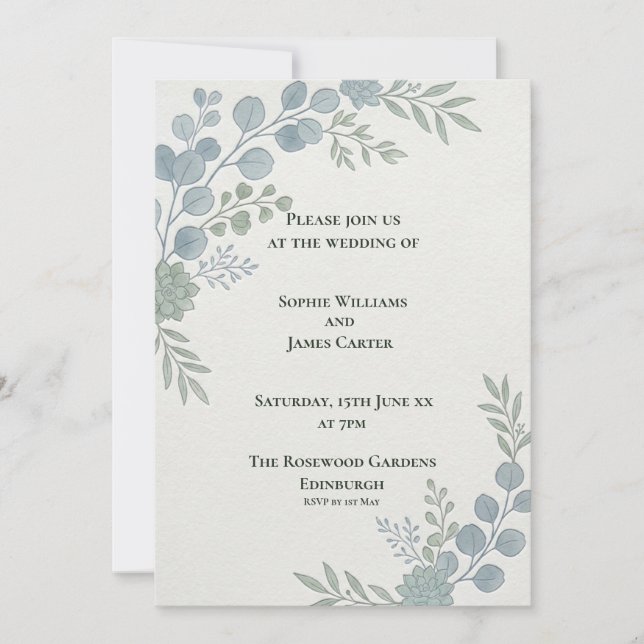 Dusty Blue Botanical Wedding Invitation (Front)