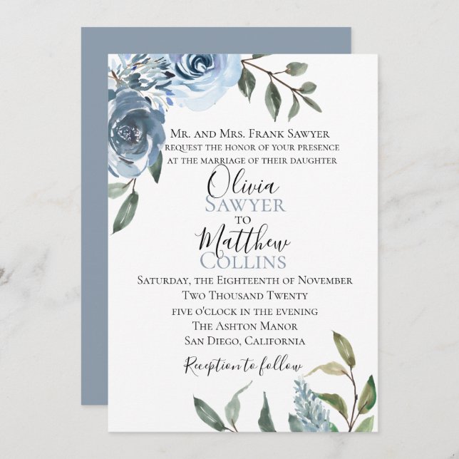 Dusty Blue Botanical Wedding Invitation (Front/Back)
