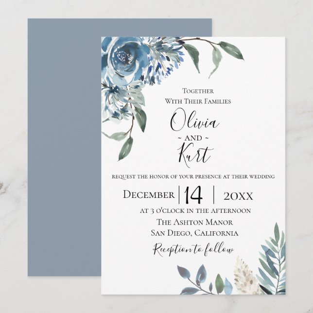Dusty Blue Botanical Wedding Invitation (Front/Back)