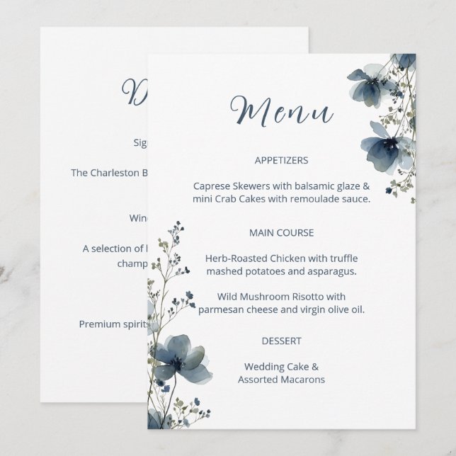 Dusty Blue Botanical Wedding Menu (Front/Back)