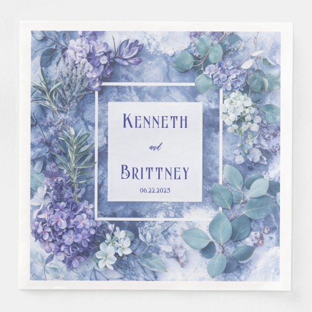 Dusty Blue Botanical Wedding Napkins with Greenery (Front)