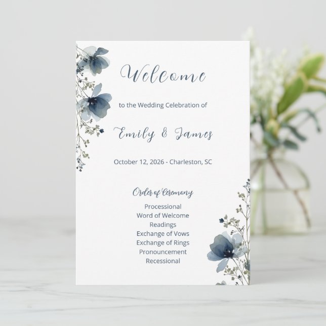 Dusty Blue Botanical Wedding Program (Standing Front)