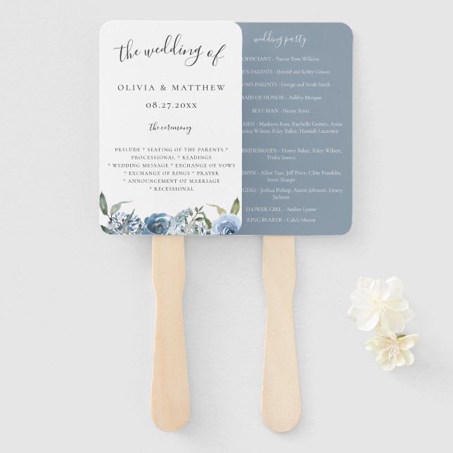 Dusty Blue Botanical Wedding Program Hand Fan (Front and Back)