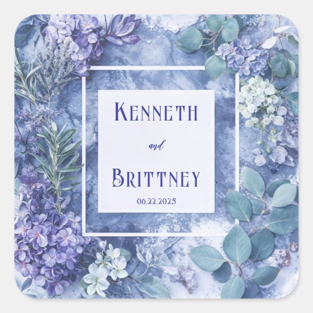 Dusty Blue Botanical Wedding with Greenery Square Sticker (Front)