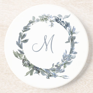 Dusty Blue Botanical Wreath Monogram Coaster