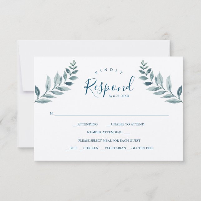 Dusty Blue Botanicals Wedding  RSVP Card (Front)