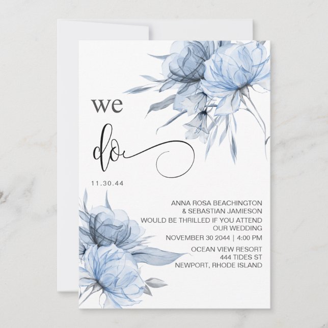 *~* Dusty Blue Bouqet AR15 Floral RSVP QR WEDDING Invitation (Front)