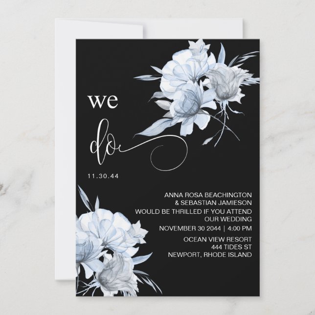 *~* Dusty Blue Bouquet QR Floral RSVP AR15 WEDDING Invitation (Front)