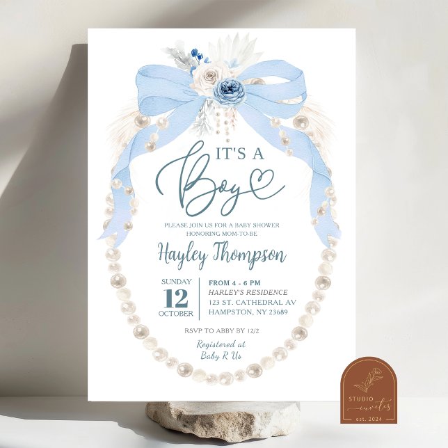 Dusty Blue Bow and Pearl Baby Shower Invitation (Creator Uploaded)