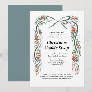 Dusty Blue Bow and Poinsettias Christmas Holiday Invitation