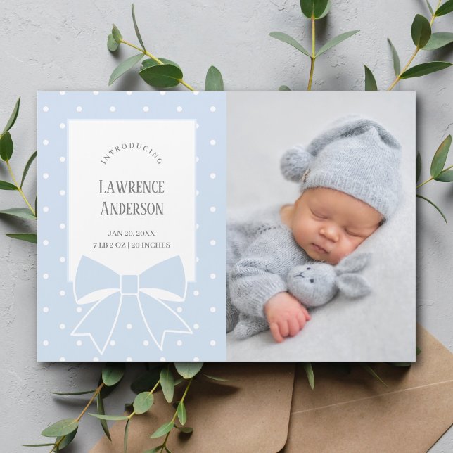 Dusty Blue Bow Baby Boy Photo Birth Announcement (Creator Uploaded)